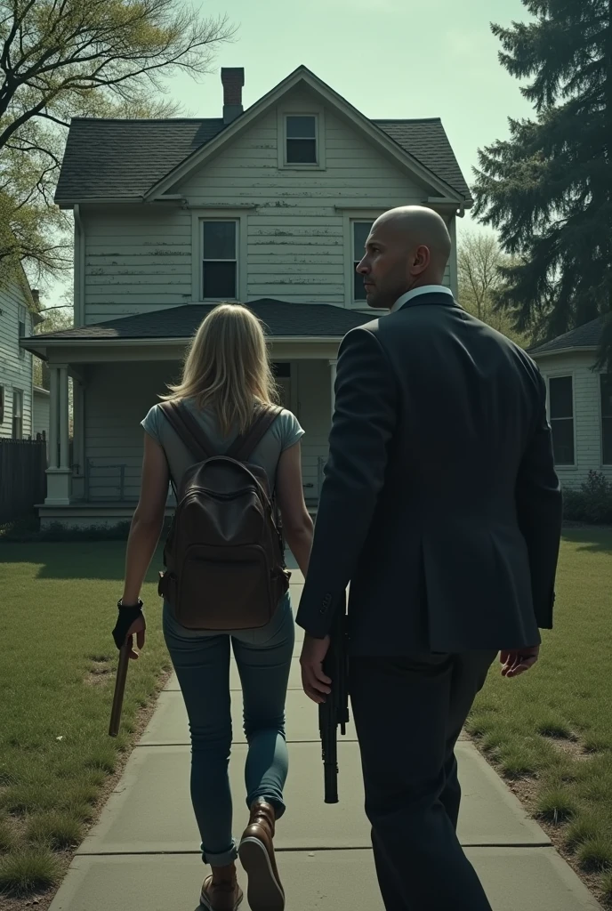 Bald white man with a gun entering a house accompanying a blonde woman with a backpack