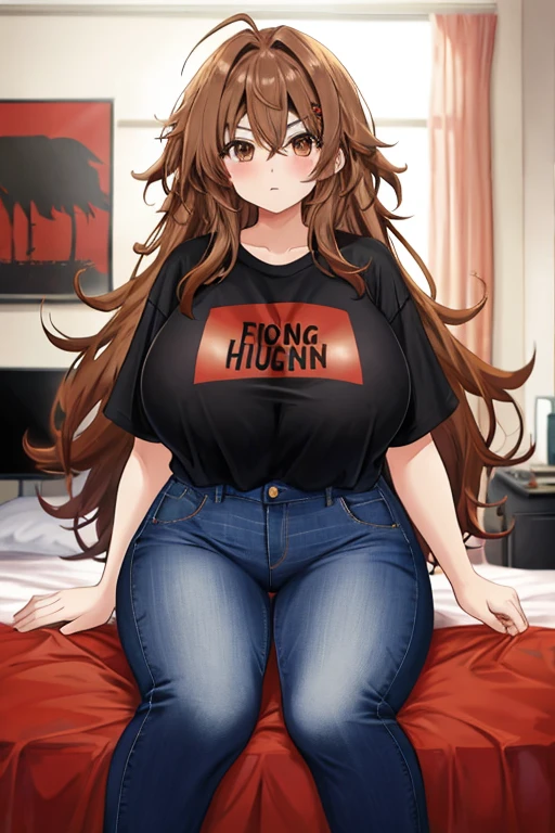 1 female, brown long messy anime hair, huge breast, thick legs, brown eyes, thick eyebrows, black jacket, red t-shirt, jeans, studio room, in the bed