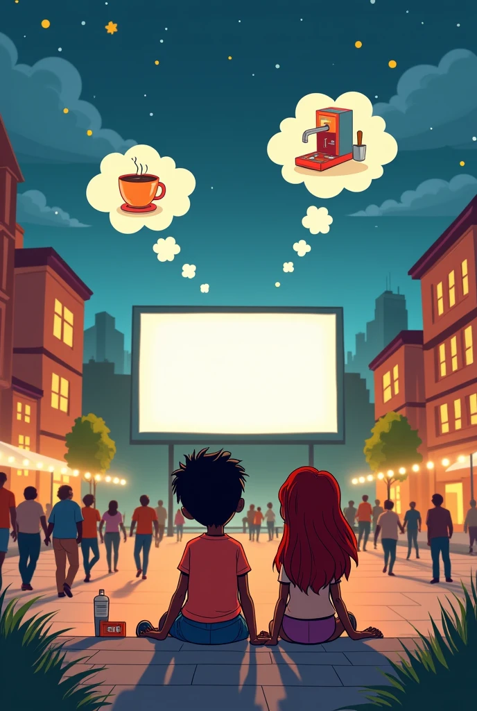 Make a picture of a couple in the shape of a child&#39;s stick figure, sitting in the middle of the square on the floor watching a movie on the big screen outdoors in the square, make an imagination balloon of her thinking about the coffee maker, and he&#39;s thinking about the museum He&#39;s black with very short hair, she is brown with long dark red hair 
