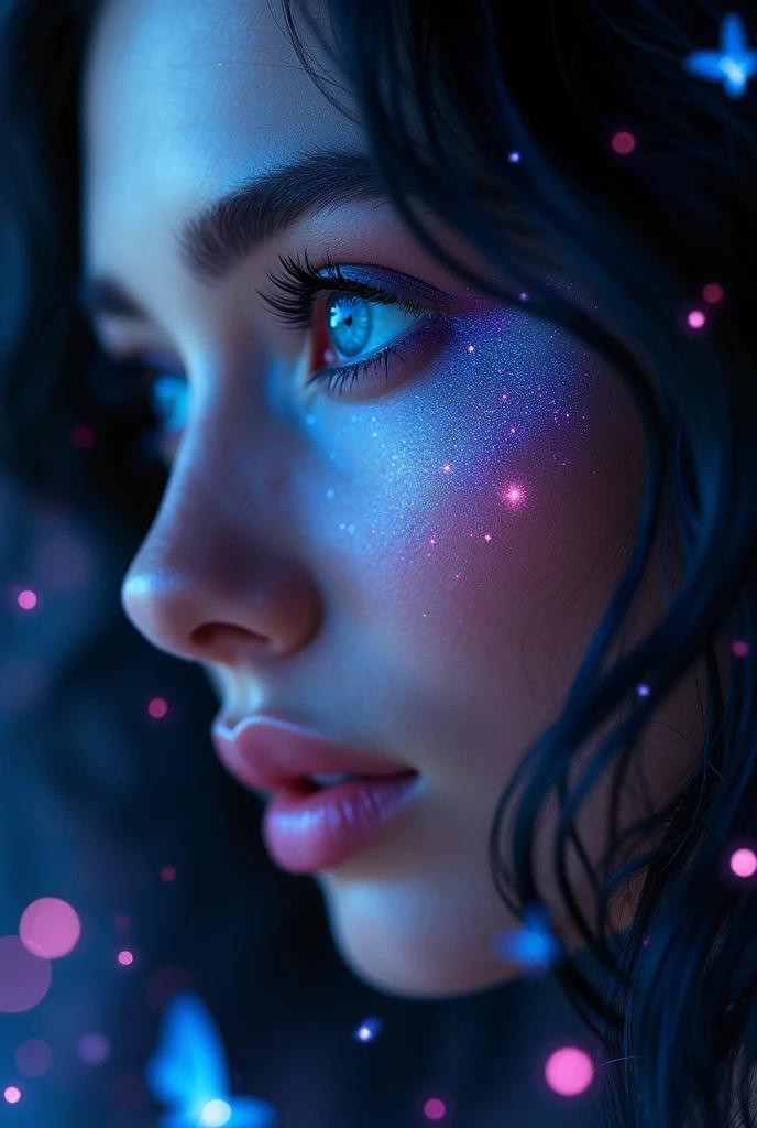 Close-up of a best masterpiece, HD photography, INTENSE SAPPHIRE SKY BLUE EYES only the face of a beautiful Russian woman like Aphrodite, with black hair in waves and sapphire blue eyes as clear as the sky, SAPPHIRE BLUE EYES HIGHLIGHT, Stars of colors in her eyes, with purple and pink glitter on her face, Looking forward in profile, only her face can be seen, In the background a beautiful place dark with pink sparkles and blue butterflies, the glow of d, LEAVE LET YOUR EYES BE THE THING THAT STANDS OUT THE MOST AND THE ONLY THING THE IMAGE FOCUSES ON with diamond skin and hair part shining to symbolize brilliance. with diamond,  mirando al frente de perfil, que sus ojos sean hipnotizantes azul brillante como diamantes 
