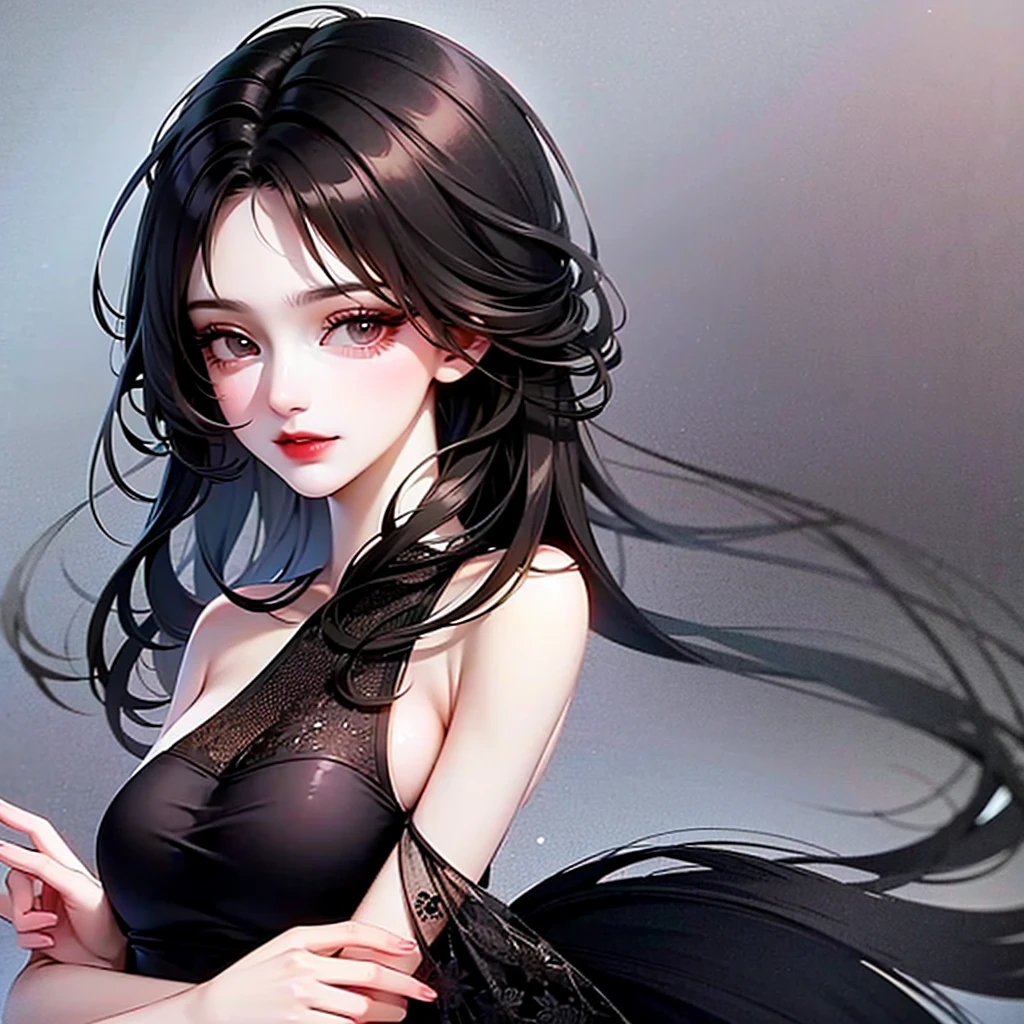 A girl with long black hair and an elegant black dress