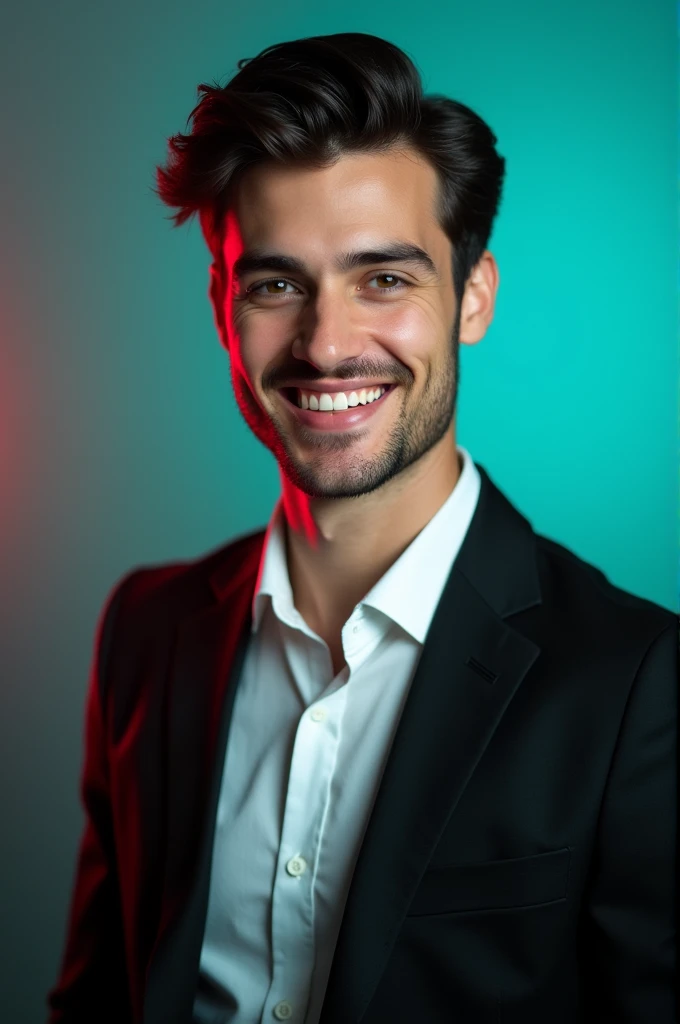 A young man with dark hair and a confident smile. He is dresed in a Black Blazer over a white shirt.The man is positioned aque colour back drup with a subtle red lighting on the left side and he positions for linkidin profile