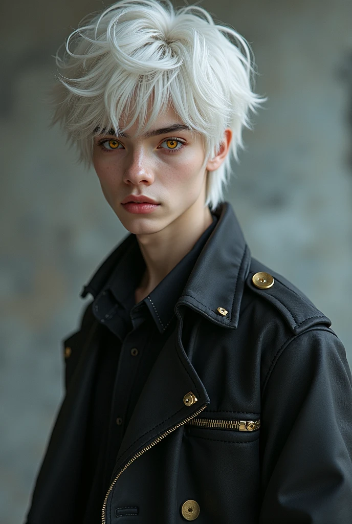 one men, young looking young adult, white hair, gold eyes, casual clothes.
