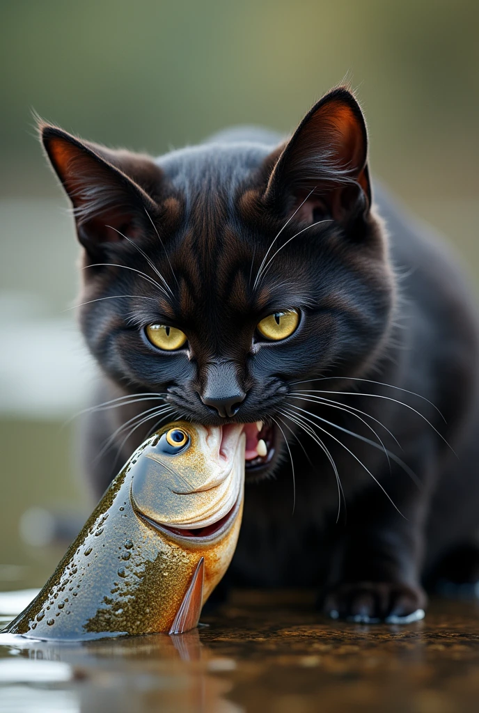A cat eating a fish