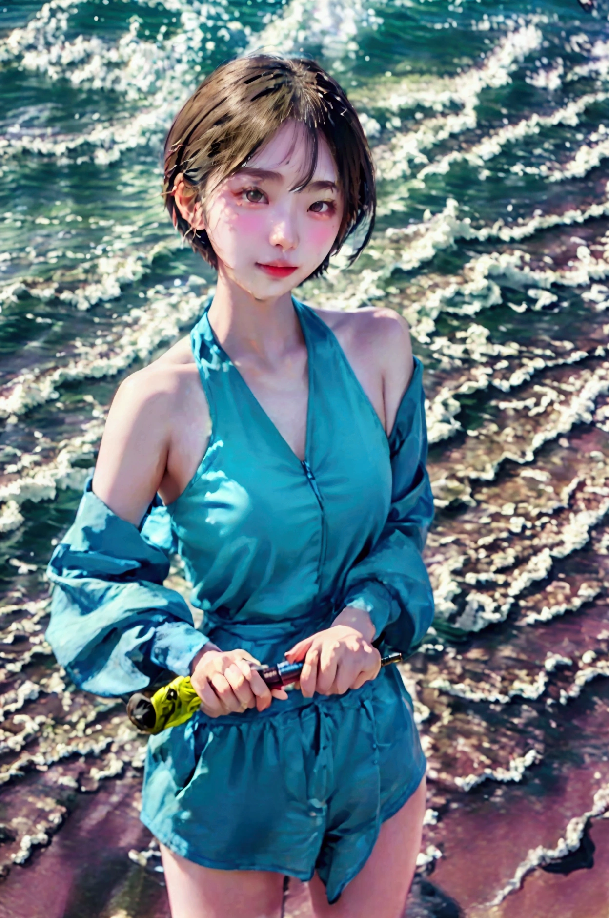 female, Asia, short hair, Beach, holding a fishing rod, blue clothes, whole body, Looking straight ahead,