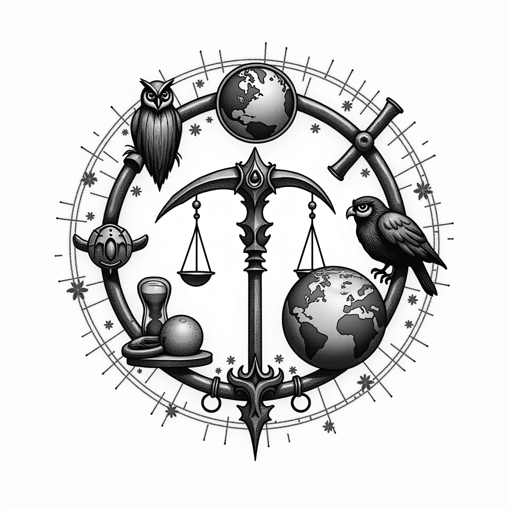 death,a scythe, An owl, A WORLD,a scale, A sand clock, all in one stamp, or magic seal,black and white drawing , stamp containing all of the above, very simple simple drawing