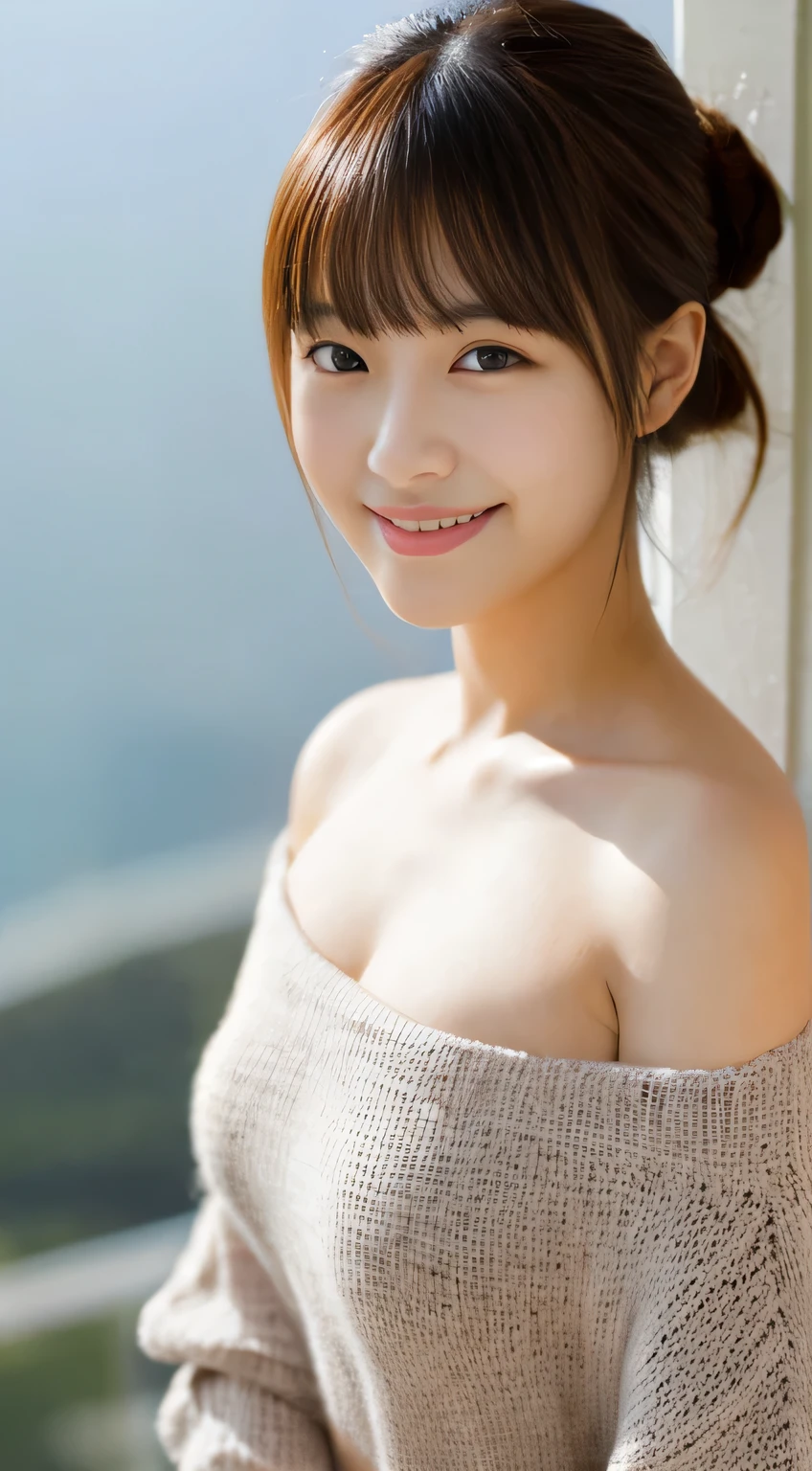 masterpiece,best quality,(Japanese girl),((Beautiful girl)),cleavage,(off shoulder:1.2),(perfect body beauty:1.2),(shy smile),From above