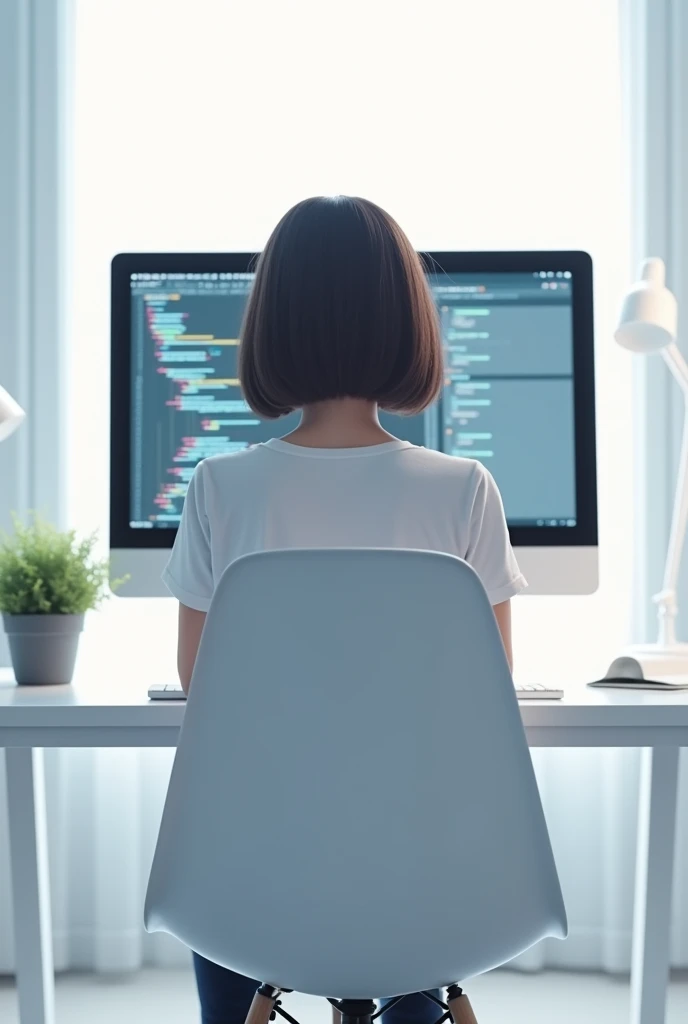 The programmer has bob hair and is seen from behind. The desk and chair are white.