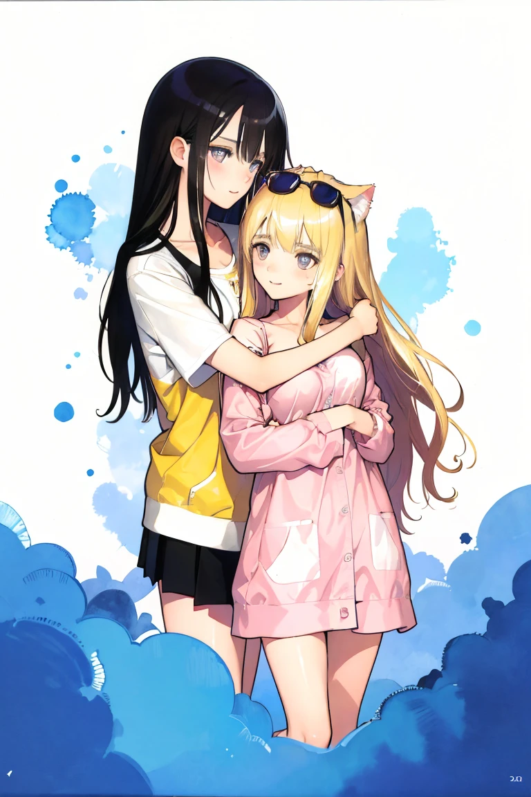 couple, lovers, man and woman, love, hug, mature, a cat woman, she has freckles, she has dark brown eyes and an upturned nose, she is happy and smiling, she has long wavy hair, black hair, she is wearing aviator sunglasses with clear lenses in a soft watercolor style. The girl's clothes must be pink, purple, and blue in celebration of the bisexual, with stains of ink and watercolor mixing and filling the scene. he has blonde hair, There should be a subtle, nuanced change in colors using the impasto technique with gouache paint. There should be a light rain in the watercolor painting with a little watercolor paper texture and a pastel background.