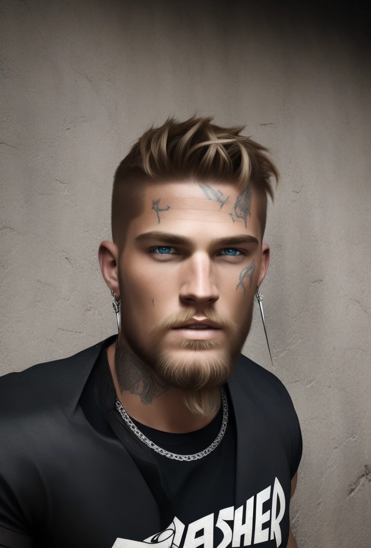 A blonde Viking warrior with a beard, shaved hair on the sides, tribal tattoos, a tribal necklace, blue eyes, a muscular young man, bonitas, heroic, Realistic, Charismatic, lot of details, Fantasy Medieval Realism Theme, Cinematic lighting, super detaill