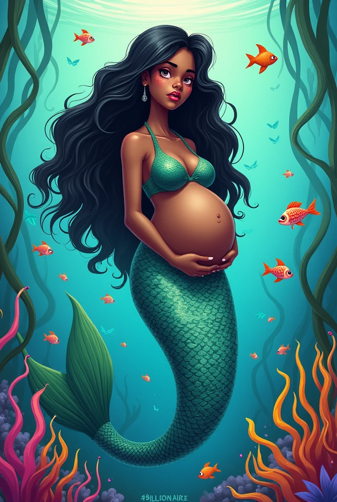 Pregnant black mermaid crying and a billionaire cartoon style