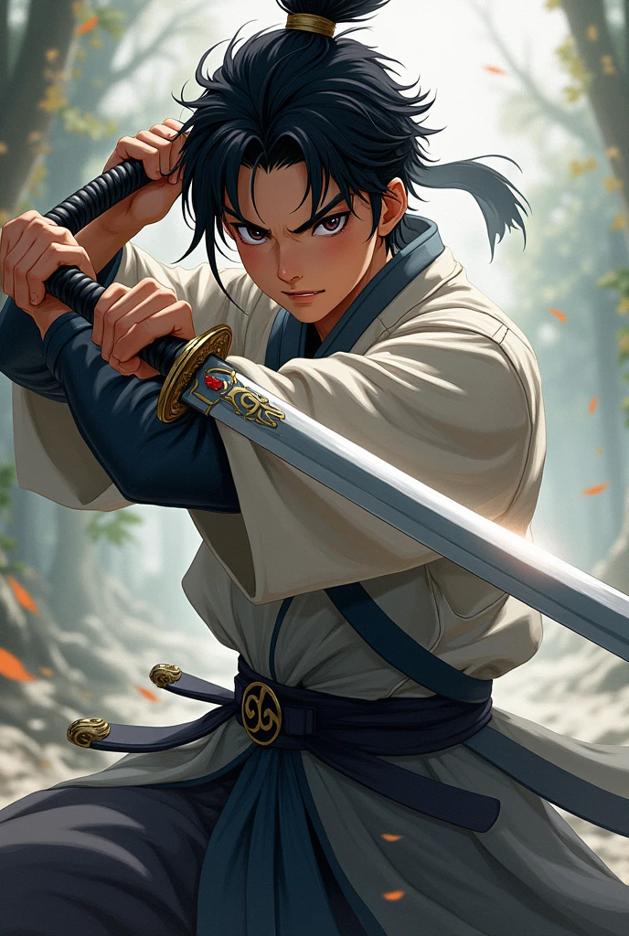 Male Young Brown skin Short dark hair Dark eyes Round face Chinese sword Anime