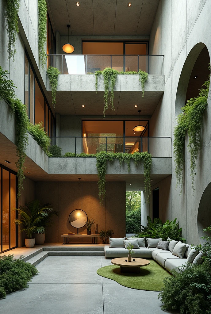 make a brutalist loft house interior design
full of lush, hanging vines and moss
make a lot of different shape
add a balcony
make some windows circle