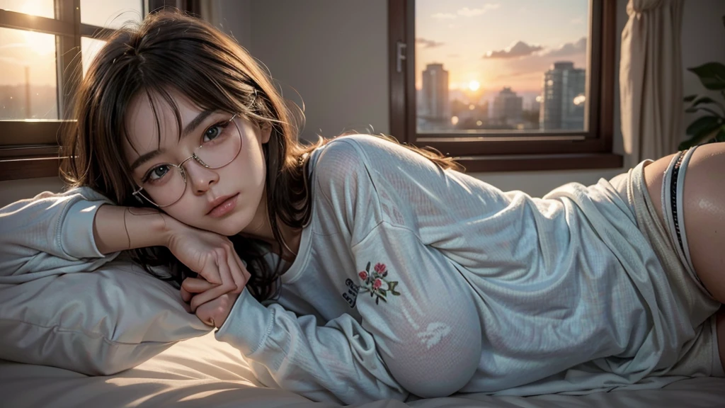 "Photorealistic, (close up:1.3, exposed face), wide angle, (side view), a Japanese young woman gazing out the window at the sunset, wearing wet (long sleeve floral t-shirt:1.2, oversized t-shirt, hotpants), a hyperrealistic beautiful young woman with grayish blue eyes in glasses, natural sagging round breasts, high detailed official artwork, slim fit body and busty posture, long legs, attractive young woman, (attractive sitting poses:1.3, contemplative posture), sitting on a bed in a cozy bedroom with soft, messy blankets around her, warm sunset light coming through the window, dubnitskiy david fanart, realistic portrait, smooth photorealistic, perfect visual of a cute woman, cute woman with soft skin and delicate facial features, face focus, peaceful expression, looking at the sunset, makoto shinkai and artgerm style, photon mapping, warm color tones, vivid colors, cozy ambient, serene atmosphere, 8k and 4k resolution."