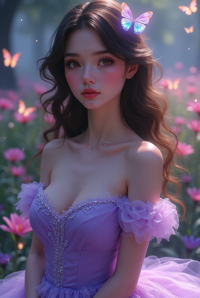 an 1 woman, tender, extremely beautiful with brown hair and honey-colored eyes, full lips, with freckles, lip gloss, small nose, phosphorescent light address, with a purple princess dress, with sparkling crystal butterflies , in a magical flower garden