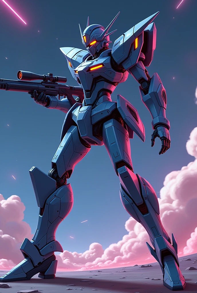 black, Gunmetal color, Fluorescent color, anime, Giant Robot, fluid, Junmin, Sniper, heroic, Thin legs, Full body image of a female super robot, Sniper stance, Fighting with the enemy, Simple Background,universe,