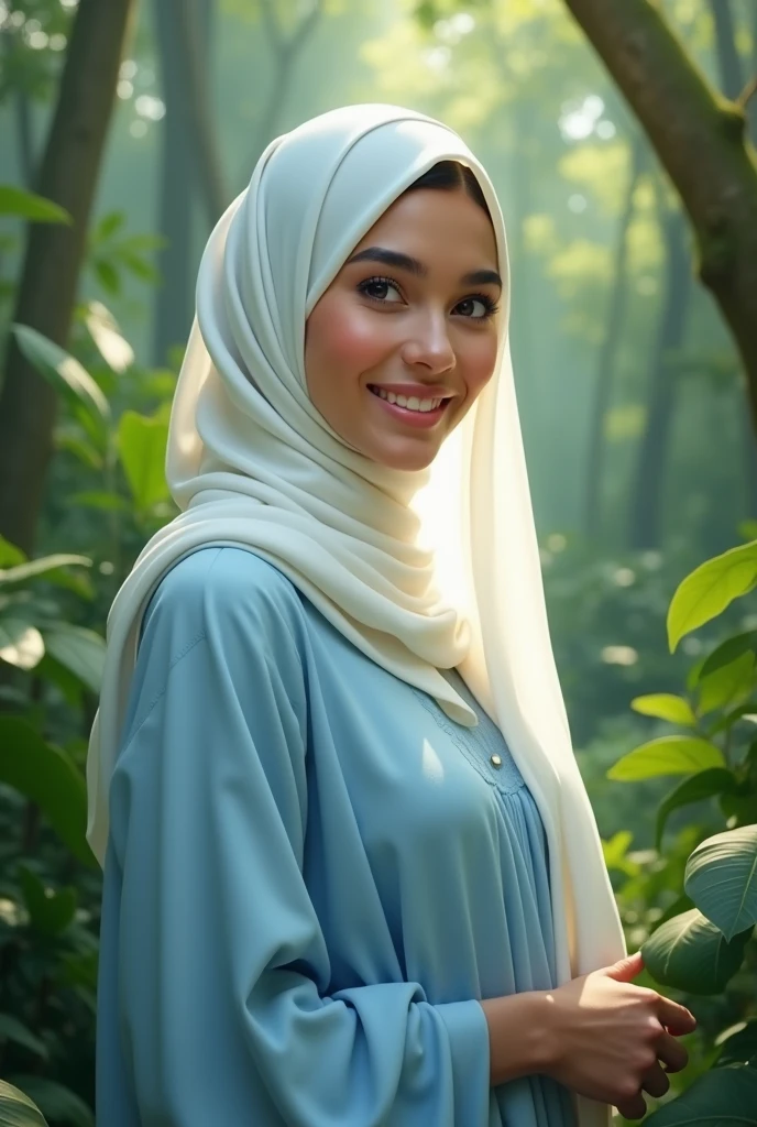 Hijab ,middle Eastern, 20 yo , in the jungle, smile, white scarf ,light blue dress, sexy