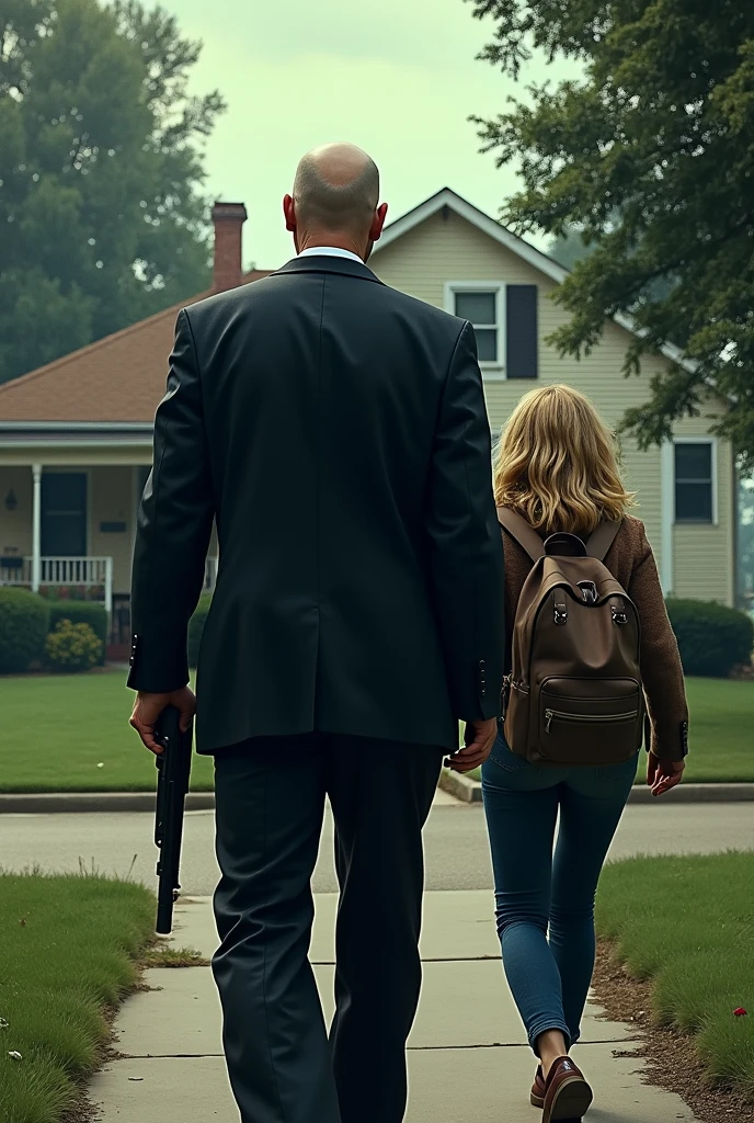 Bald white man with a gun entering a house accompanying a blonde woman with a backpack