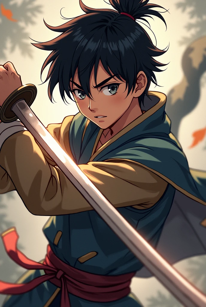 Male Young Brown skin Short dark hair Dark eyes Round face Chinese sword Anime