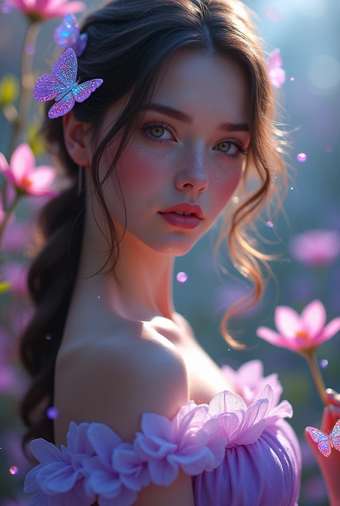 an 1 woman, tender, extremely beautiful with brown hair and honey-colored eyes, full lips, with freckles, lip gloss, small nose, phosphorescent light address, with a purple princess dress, with sparkling crystal butterflies , in a magical flower garden