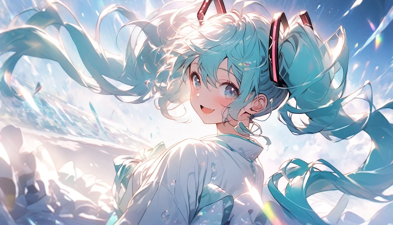 hatsune miku、smile、Sitting、Open your mouth、Particles of light、Observe the audience、Look at this