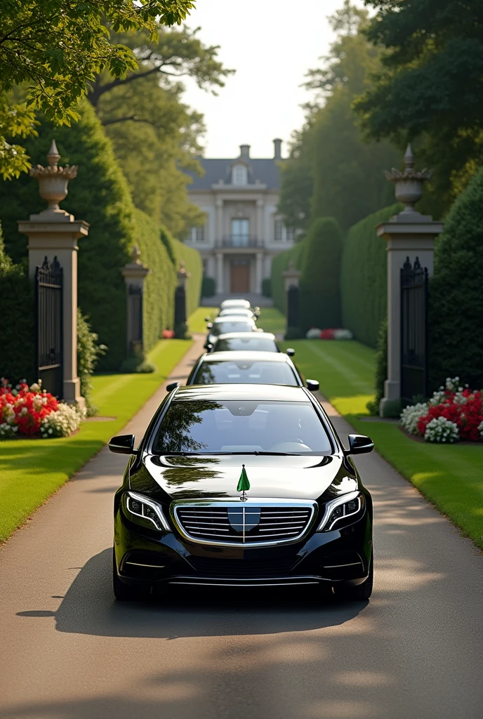 A convoy of 6 Mercedes Benz s600 Pullman making it's way through the gate and drive way to a mansion that has a beautiful flowers,grass and trees the first one should have a green flag on the right side of the Bonet of the vehicle just a small one on the front to the right 