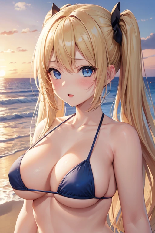 One Woman, Highest quality, masterpiece, Super Resolution, super high quality, Large Breasts, Idol, Beauty, ((From the front 1.2)), Cleavage, 8k, High resolution eyes, High-resolution contours, Stylish, High-resolution pupils, blush, High resolution face, High resolution breasts, Ultra HD, Open your mouth, Upper Body, High resolution mouth, Sexy body, ((coolな顔1.2)), ((Hanging 1.2)), Broken bangs, Blue Eyes, model, Beautiful clavicle, High resolution hair, super beautiful, Charm, Alluring, Blonde, Textured skin, Textured Breasts, Micro Bikini, Underboob, Sideboob, Beach, sunset, cool, Twin tails,