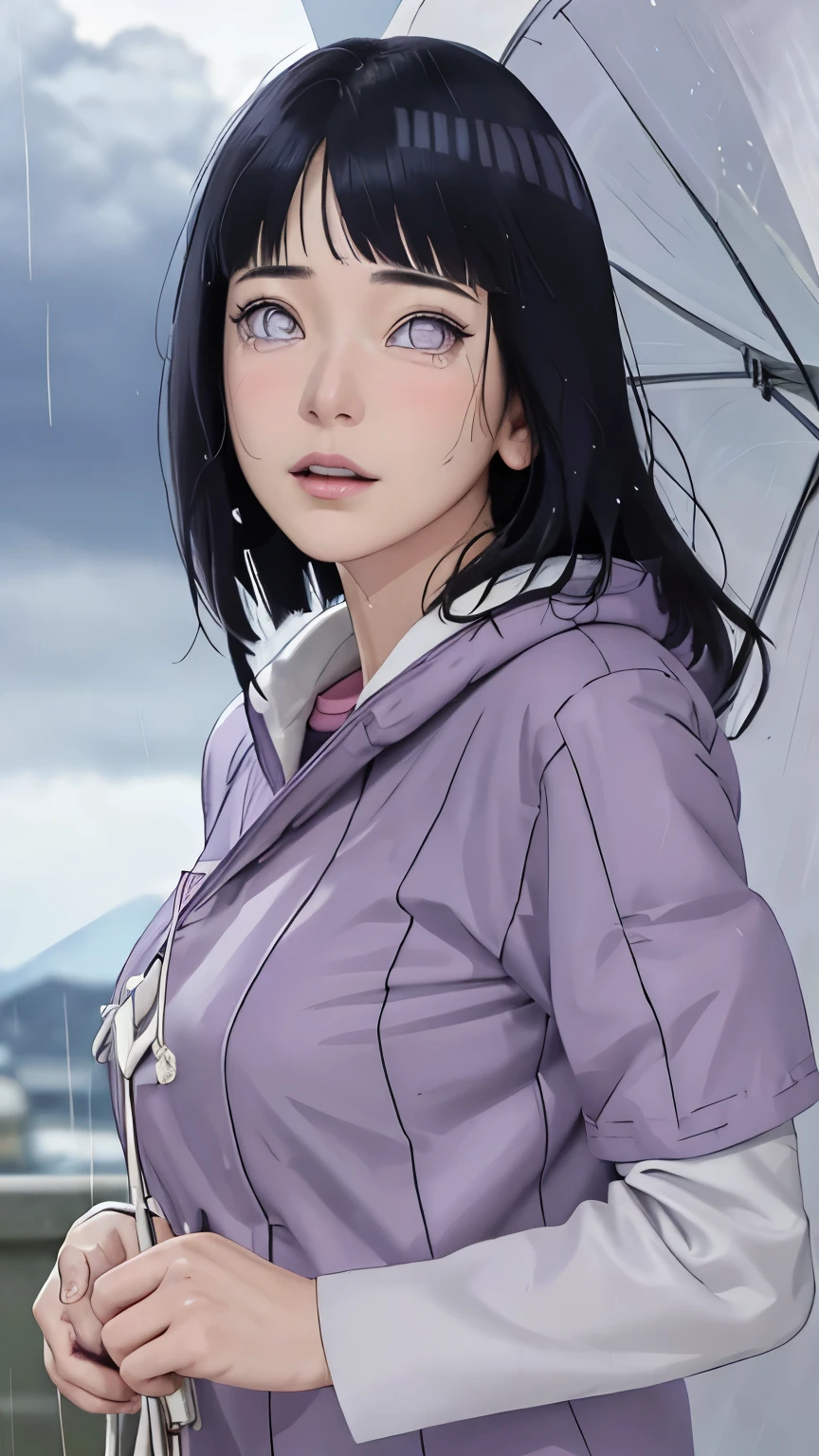 masterpiece、Hinata（bolt）、1 female、solo、Mature beautiful woman、Combat Uniform、scenery、Cloudy、rain、Perfect composition、detailedな唇、Large Breasts、Beautiful Face、Body Proportions、blush、（Pink Lips）、Long Hair、Purple Eyes、Soft gaze、Crying face、Ultra-realistic、detailed、photo shoot、Realistic face and body、Realistic Hair、Realistic eyes、Realistic nose、Realistic lips