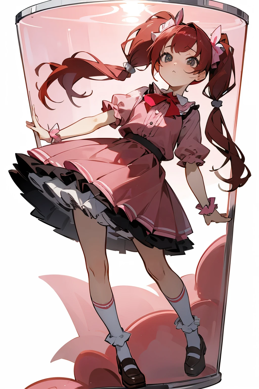 Red haired girl wearing pigtails, skirt with lots of pink ruffles, brown blouse,transparent socks