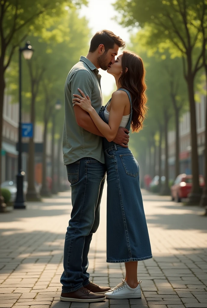 PICTURE REALISTIC, tall thin man, casual clothes, woman in dungarees and jeans skirt, long brown hair, hugging each other tightly and kissing in a tree-lined square.