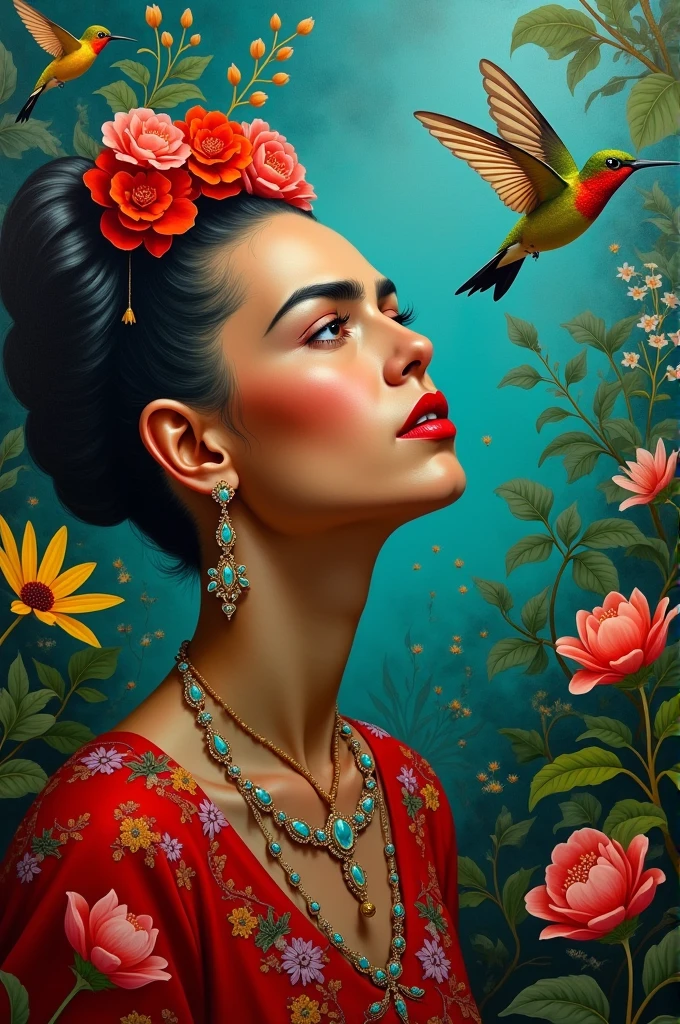 Frida Kahlo looking at hummingbirds