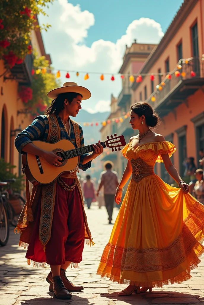 A Quechua Indian playing a charango, in the middle of a South American town square. At his side a beautiful Spanish woman from the colonial era, Dancing to the music played by the Quechua Indian.