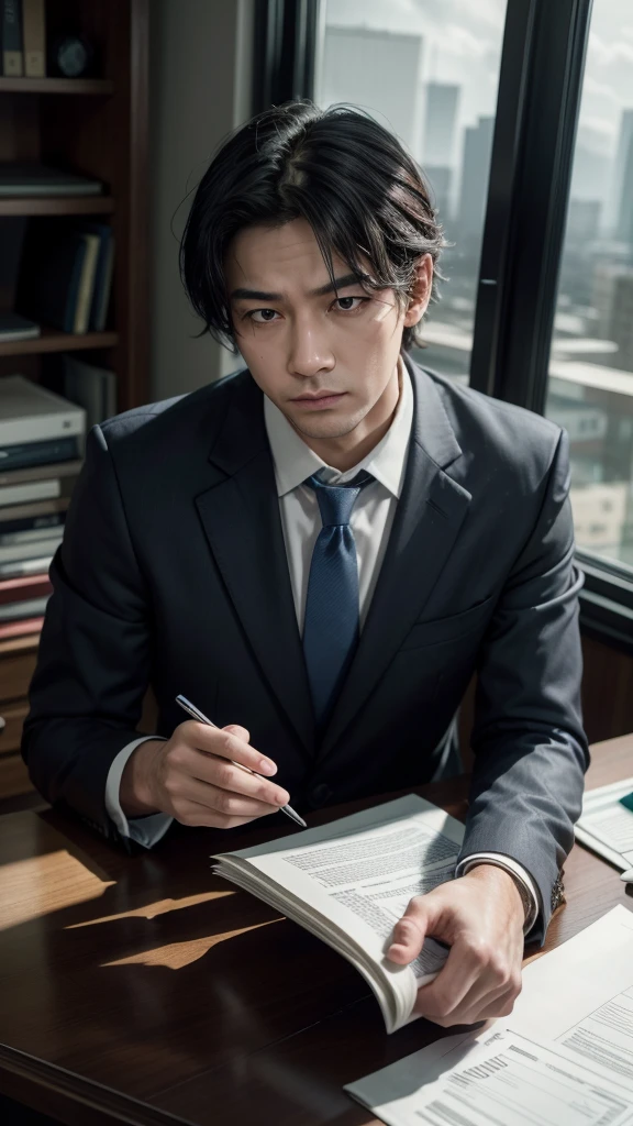 
**Prompt:**  
"A businessman in his early 30s, of Asian descent, with short black hair, sitting at a large wooden desk in a modern office. He is wearing a dark blue suit with a white dress shirt, the tie slightly loosened, and his sleeves rolled up, indicating stress. He has a tired and worried expression, his eyes looking down at a pile of papers scattered across the desk. His hand is supporting his forehead, showing signs of frustration and exhaustion. Behind him, a large glass window reveals a cloudy, overcast cityscape, symbolizing a sense of uncertainty and difficulty. The lighting in the room is dim, casting soft shadows, adding to the atmosphere of introspection and challenge. The theme is experiencing setbacks and moments of self-reflection in a demanding business environment."