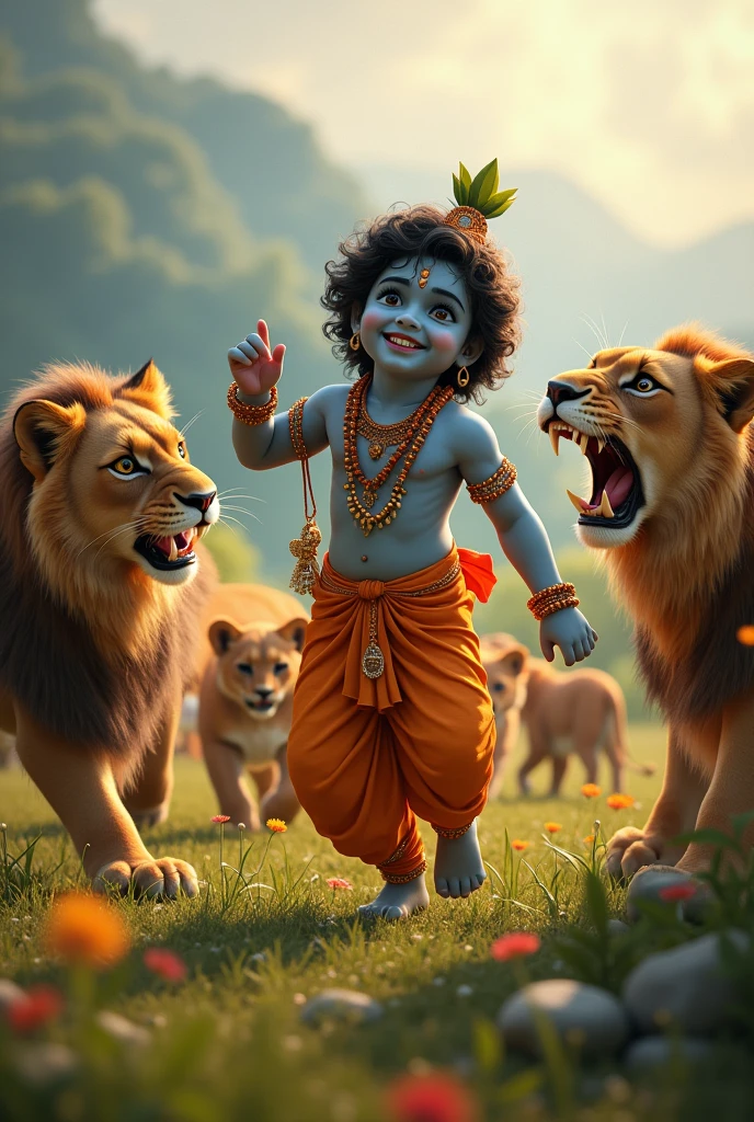 (lord shri krishna playing with family of asiatic lion), nestled in the picturesque Girnar mountains, vibrant green foliage surrounding them, (joyful atmosphere), gentle sunlight illuminating the scene with a warm glow, intricate details of Krishna's attire, playful expressions, beautifully dramatic backdrop, lush hills and scenic beauty, (highly detailed), (4K resolution).