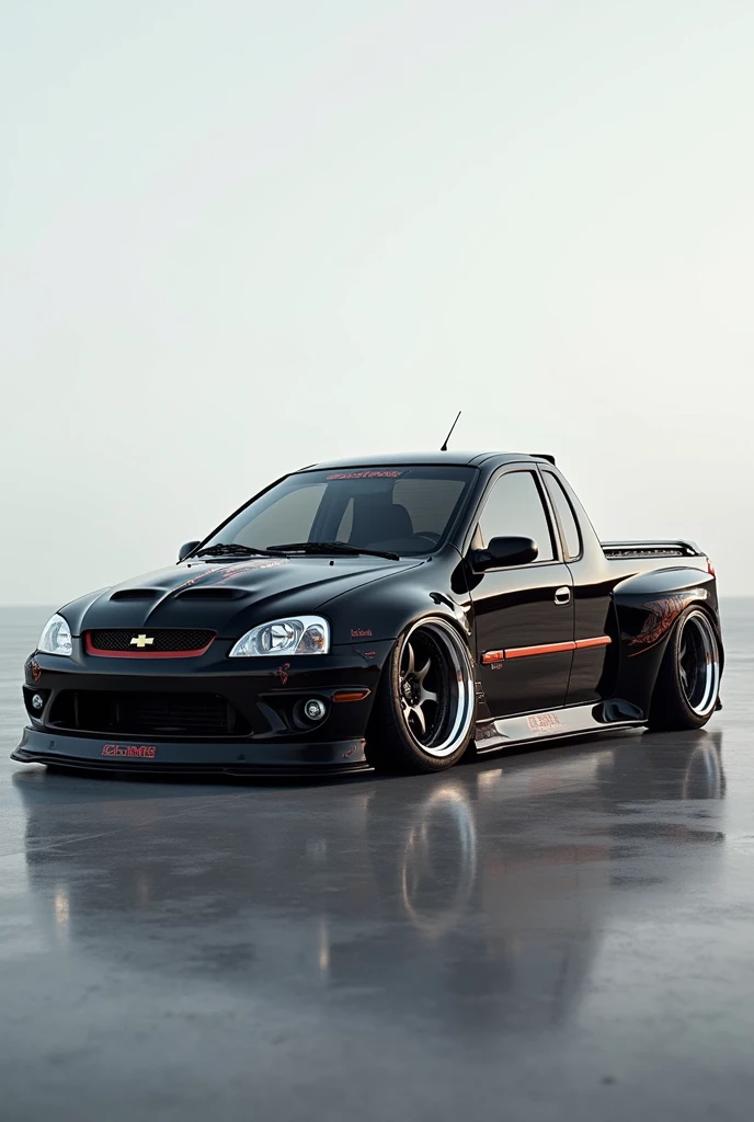 Chevrolet corsa year 2007 1.8 pick up with widebody offset racing wheels seen from the side