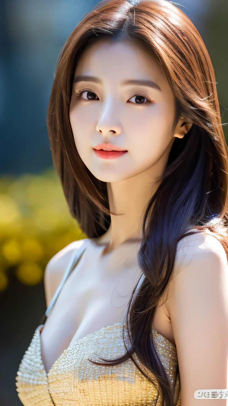 realistic photo of a beautiful and cute korean actress, long straight hair, light makeup, medium breasts, long dress, close up, canon eos clear facial features 8k high resolution, extremely detailed, photorealistic