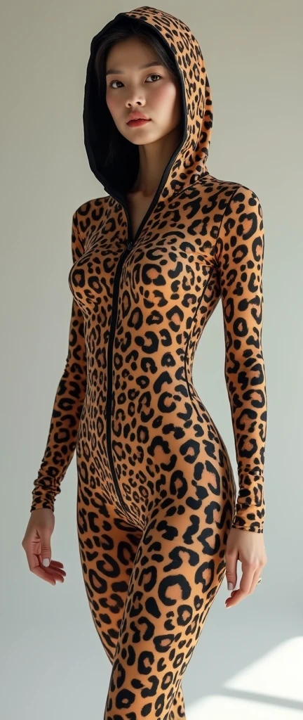 The most beautiful,thin,most pretty and clever Chinese adult girl wears leopard print lycra turtleneck unitard catsuit covered with many spots.She always wear leopard print lycra dancewear zentai hood covered with many spots.