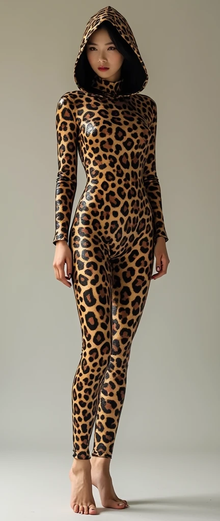 The most beautiful,thin,most pretty and clever Chinese adult girl wears leopard print lycra turtleneck unitard catsuit covered with many spots.She always wear leopard print lycra dancewear zentai hood covered with many spots.