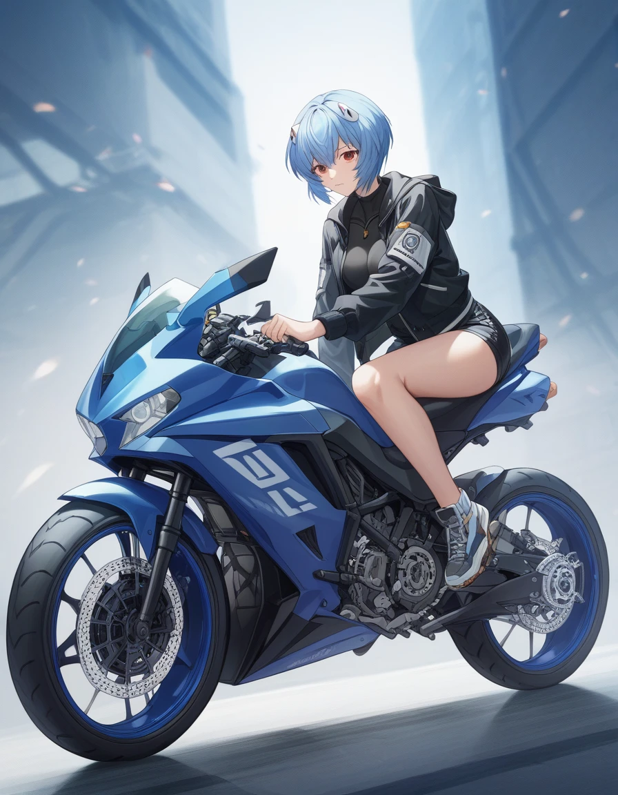 Rei Ayanami, masterpiece、highest quality、detailed description、black Plug Suit、Translucent costume, Jacket, blue hair, Woman riding a bigmotorbike（rider、white and Blue two-tone hairstyle、Detailed Description、Perfect Face、Armed、）、blue motorbike（blue、white,  bike、two-wheeled vehicle、big、Mechanic Design）