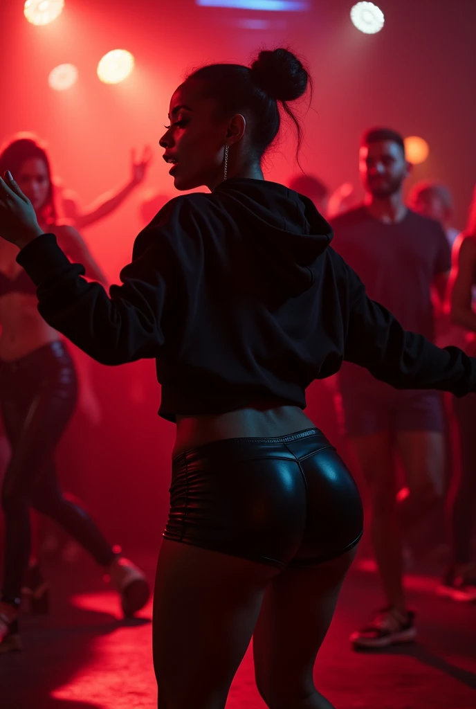 black woman hair in a bun black hoodie black leather short shorts butt cheeks dancing in a club shaking her butt