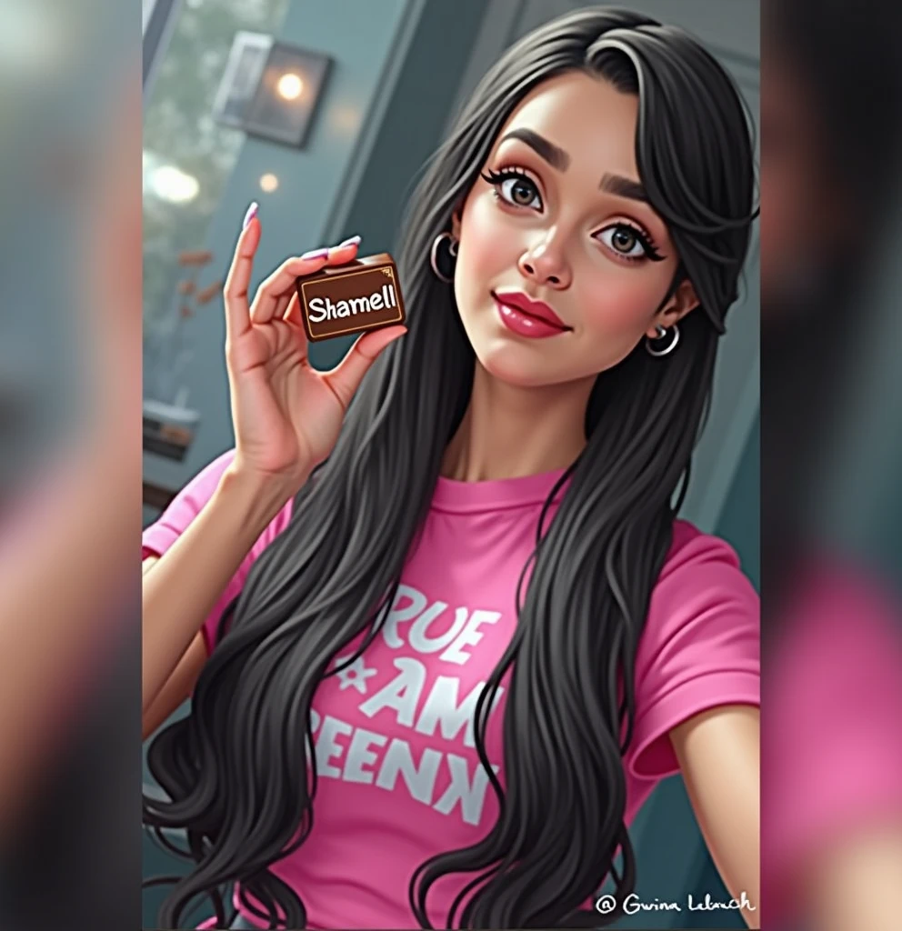 I need you to make her holding a chocolate that says Shamell