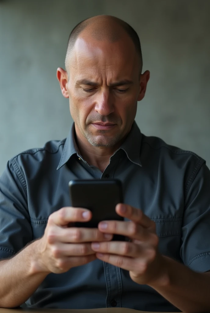 bald white man looking at his phone