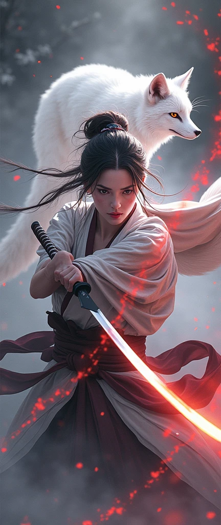 Mysterious Samurai Woman (Musashi Miyamoto) Swinging a long Japanese sword, Splitting apart with every strong blow、Shrouded in fog that obscures the view, Revealing vivid and surreal scenes, The blade&#39;s cut stands out clearly against the blurry background., Mysterious background, The sharp gaze of the white fox meets the viewer.., A dreamy layer of fog covers the landscape, piercing, clear eyes, A sophisticated and beautiful kimono, Dramatic lighting and colors