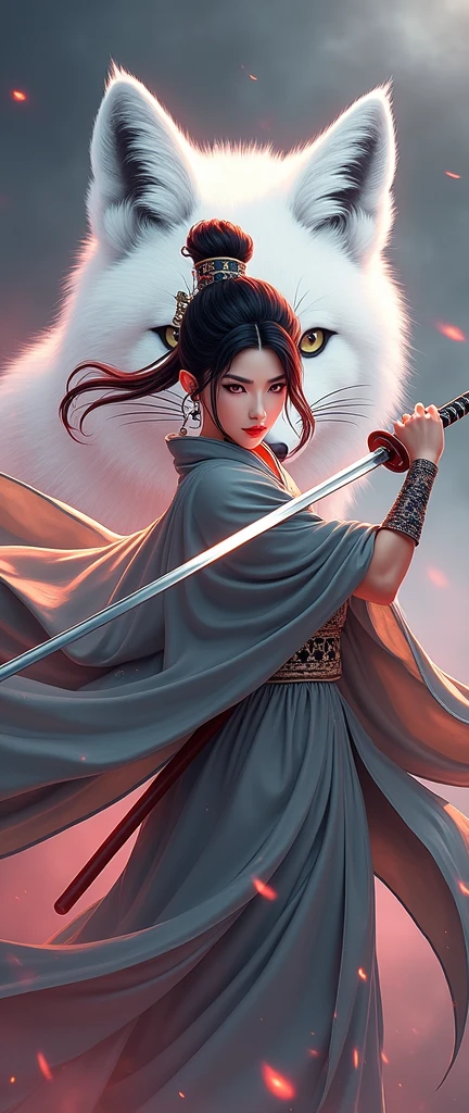 Mysterious Samurai Woman (Musashi Miyamoto) Swinging a long Japanese sword, Splitting apart with every strong blow、Shrouded in fog that obscures the view, Revealing vivid and surreal scenes, The blade's cut stands out clearly against the blurry background., Mysterious background, The sharp gaze of the white fox meets the viewer.., A dreamy layer of fog covers the landscape, piercing, clear eyes, A sophisticated and beautiful kimono, Dramatic lighting and colors
