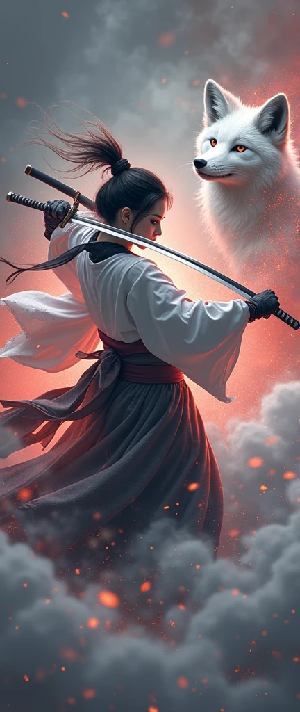 Mysterious Samurai Woman (Musashi Miyamoto) Swinging a long Japanese sword, Splitting apart with every strong blow、Shrouded in fog that obscures the view, Revealing vivid and surreal scenes, The blade's cut stands out clearly against the blurry background., Mysterious background, The sharp gaze of the white fox meets the viewer.., A dreamy layer of fog covers the landscape, piercing, clear eyes, A sophisticated and beautiful kimono, Dramatic lighting and colors