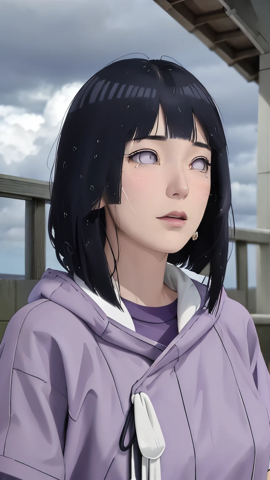 masterpiece、Hinata（bolt）、1 female、solo、Mature beautiful woman、Combat Uniform、Looking up at the sky、scenery、Cloudy、rain、Perfect composition、detailedな唇、Large Breasts、Beautiful Face、Body Proportions、blush、（Pink Lips）、Long Hair、Purple Eyes、Soft gaze、Crying face、Ultra-realistic、detailed、photo shoot、Realistic face and body、Realistic Hair、Realistic eyes、Realistic nose、Realistic lips