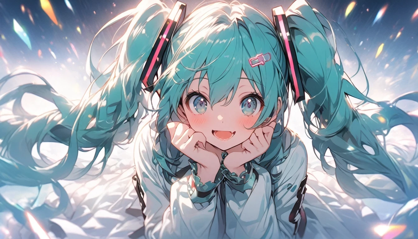 hatsune miku、smile、Sitting、Open your mouth、Particles of light、Observe the audience、Look at this
