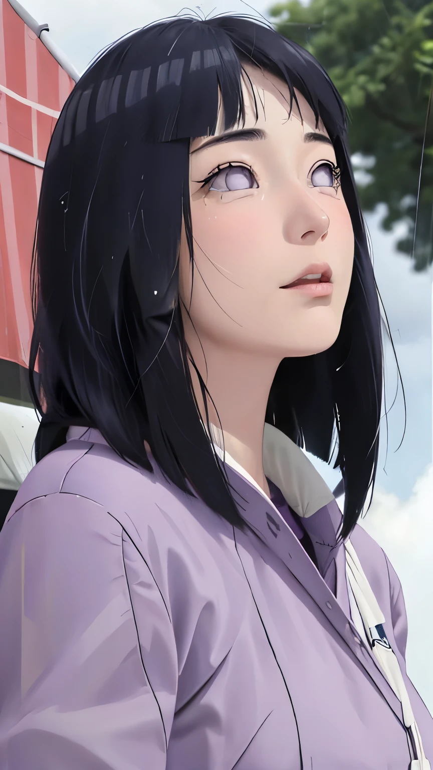 masterpiece、Hinata(bolt)、1 female、solo、Mature beautiful woman、Combat Uniform、Looking up at the sky、scenery、Cloudy、rain、Perfect composition、detailedな唇、Large Breasts、Beautiful Face、Body Proportions、blush、(Pink Lips)、Long Hair、Purple Eyes、Soft gaze、Crying face、tears、Ultra-realistic、detailed、photo shoot、Realistic face and body、Realistic Hair、Realistic eyes、Realistic nose、Realistic lips