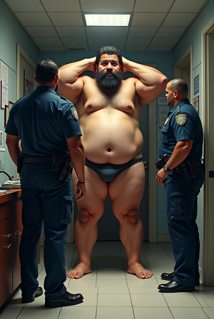 Very large Puerto Rican man, stark, hairy and bearded, in white underwear, with the legs well apart from each other, with hands raised behind head, having his underwear searched by two police officers, together with a manager, that open and take something out of the underwear.