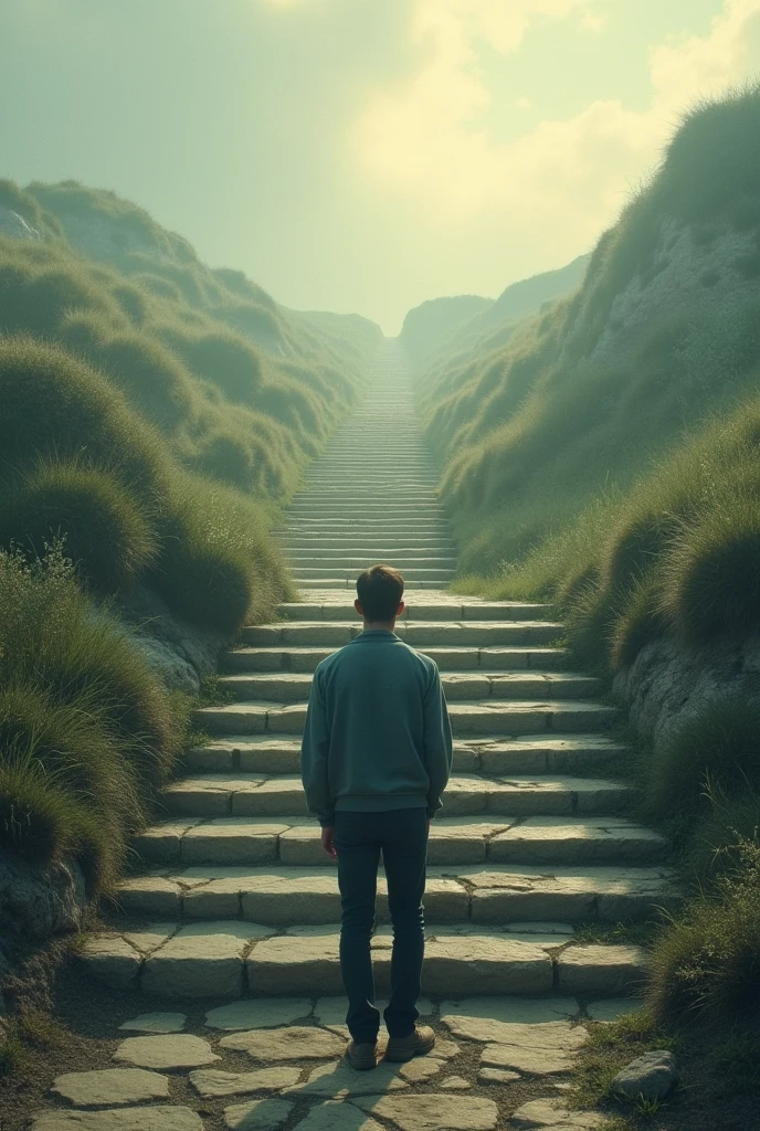Man can't decide, which way is good, there are two way with stairs